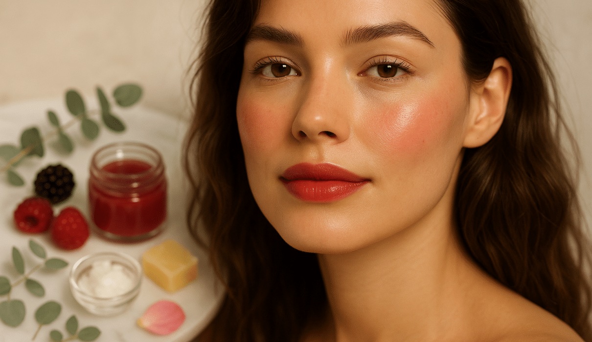make your own all-natural lip & cheek tint in 10 minutes showing beautiful red tinted lips and cheeks with natural ingredients like beetroot and coconut oil on wooden table