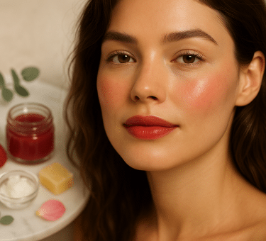 make your own all-natural lip & cheek tint in 10 minutes showing beautiful red tinted lips and cheeks with natural ingredients like beetroot and coconut oil on wooden table