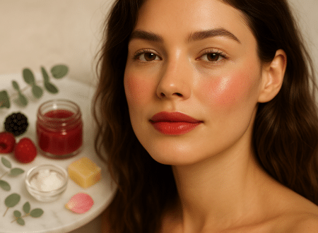 make your own all-natural lip & cheek tint in 10 minutes showing beautiful red tinted lips and cheeks with natural ingredients like beetroot and coconut oil on wooden table