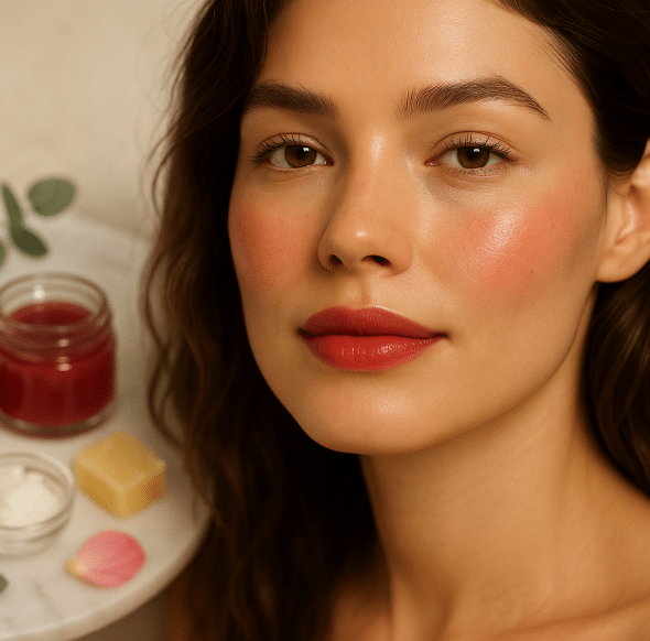 make your own all-natural lip & cheek tint in 10 minutes showing beautiful red tinted lips and cheeks with natural ingredients like beetroot and coconut oil on wooden table