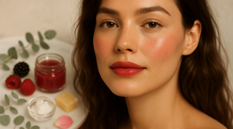 make your own all-natural lip & cheek tint in 10 minutes showing beautiful red tinted lips and cheeks with natural ingredients like beetroot and coconut oil on wooden table