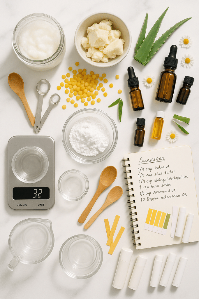 Homemade sunscreen natural ingredients and finished products arranged for DIY sun protection routine