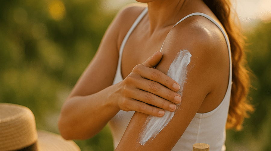 Homemade sunscreen natural ingredients and finished products arranged for DIY sun protection routine
